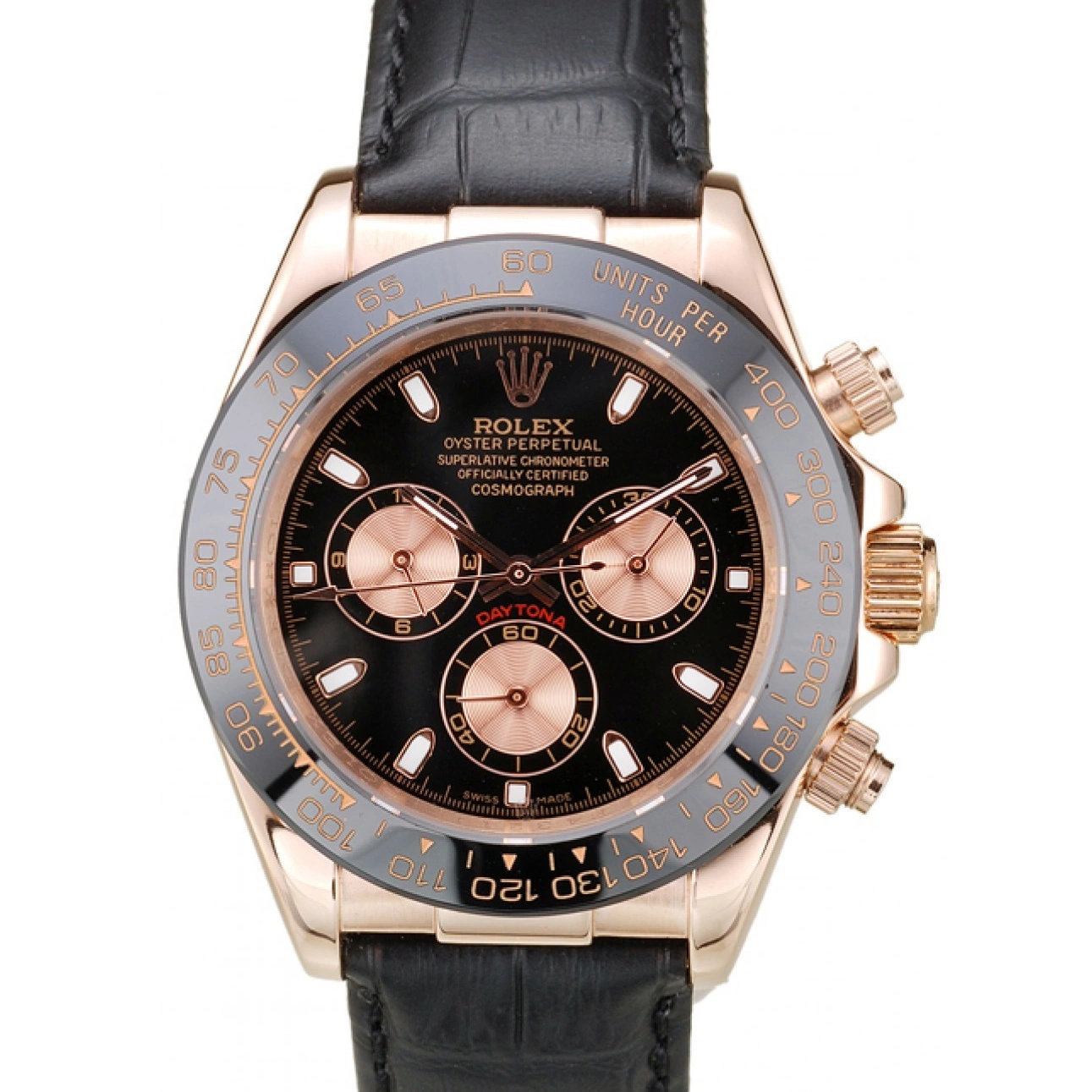 Dial Daytona Black Gold Black Case Leather Rose Strap Rolex 0817